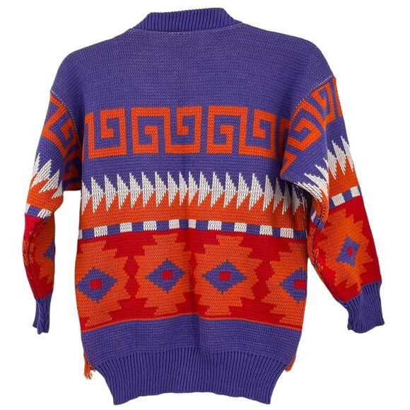 Vintage Deadstock 80s Rags Knitwear Purple Orange Aztec Fringe Sweater Med - Picture 2 of 9